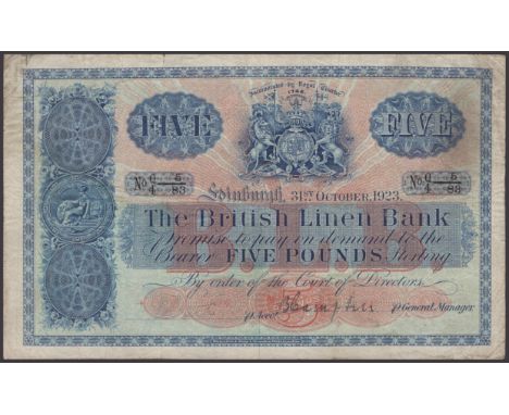 British Linen Bank, £5, 31 October 1923, serial number Q/4 5/83, manuscript signatures on behalf of both the Accountant and t