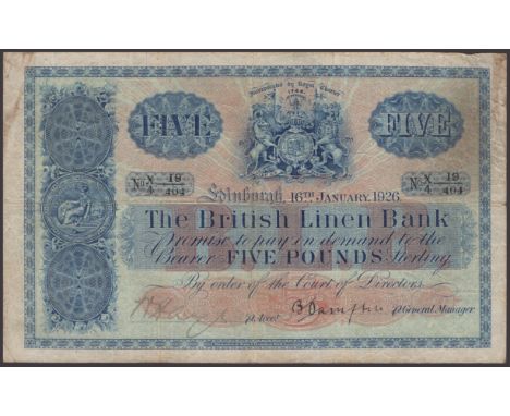 British Linen Bank, £5, 16 January 1926, serial number X/4 19/404, manuscript signatures on behalf of both the Accountant and