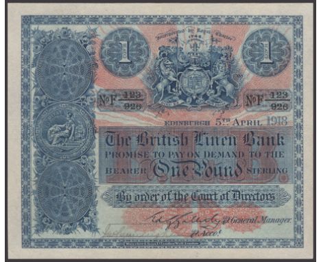 British Linen Bank, £1, 5 April 1918, serial number F 123/926, printed signature of Galletly on behalf of General Manager, ma