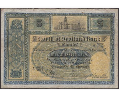 North of Scotland Bank Limited, £5, 1 March 1934, serial number A0872/0016, Smith signature and a manuscript Accountant signa