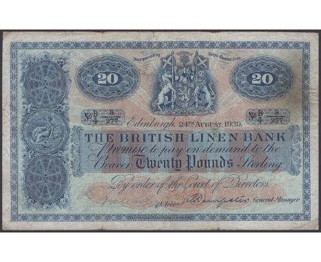 British Linen Bank, £20, 24 August 1939, serial number B/4 3/277, printed Dempster signature, and a manuscript signature on b
