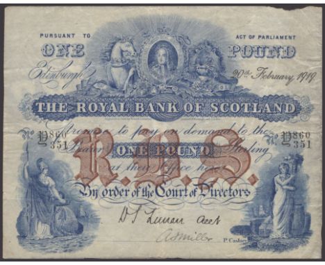 Royal Bank of Scotland, £1, 20 February 1919, serial number Y860/351, printed Lunan signature, manuscript Miller signature, o