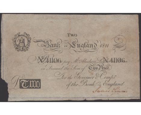 Fleet Bank in England, 2 Pence, 1811, serial number 41106, promising to pay Abraham Lattitat or bearer, manuscript signature 