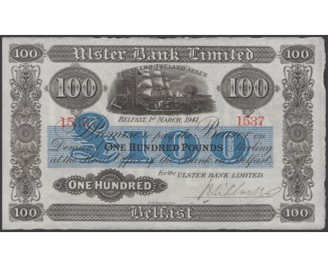 Ulster Bank Limited, £100, 1 March 1941, serial number 1537, manuscript Niblock signature, a pleasing extremely fine to about