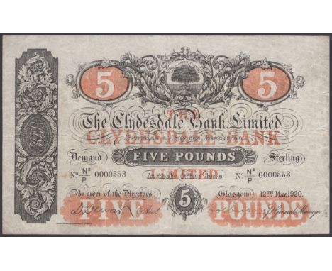 Clydesdale Bank Limited, £5, 12 May 1920, serial number N2/P 0000553, Dewar signature left, manuscript signature right, about