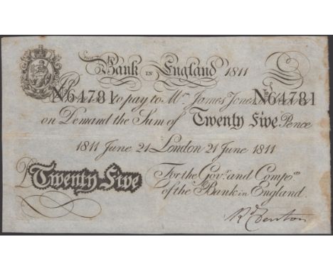 Fleet Bank in England, 25 Pence, 21 June 1811, serial number 64781, signature of R. Denton, some toning and small stains but 