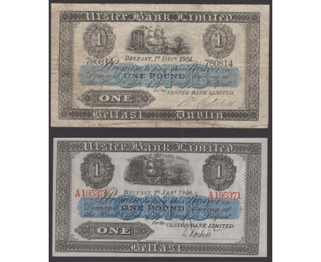 Ulster Bank Limited, £1, 1 December 1924, serial number 780814, manuscript signature low right, also £1, 1 January 1940, seri