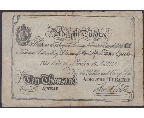 Adelphi Theatre, Edinburgh, a note in the style of a Bank of England white note, denominated ‘Ten Thousand a Year’ advertisin