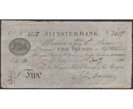 Alcester Bank, for Jno. Haynes, Richd. Bloxham & Jno. Morgan, £5, 1 January 1802, serial number 2557, signed by John Morgan, 