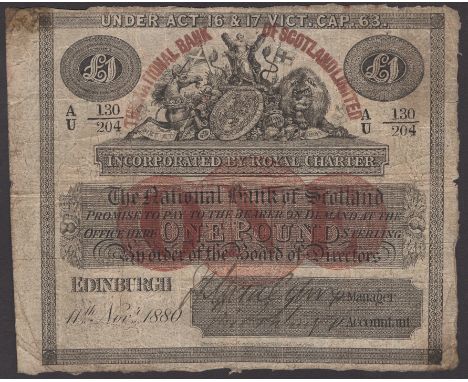 National Bank of Scotland Limited, £1, 11 November 1880, serial number A/U 130/204, two manuscript signatures, overprinted in