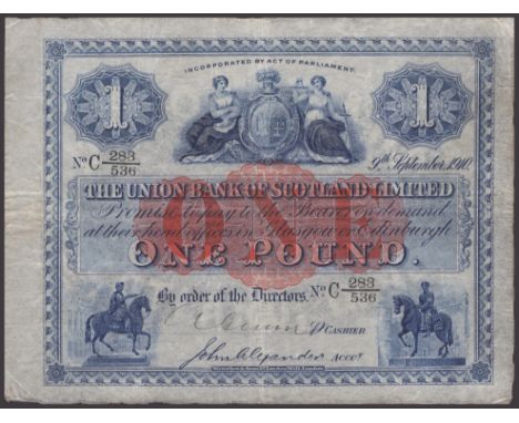 Union Bank of Scotland, £1, 9 September 1910, serial number C 283/536, printed Alexander signature, and one other manuscript 