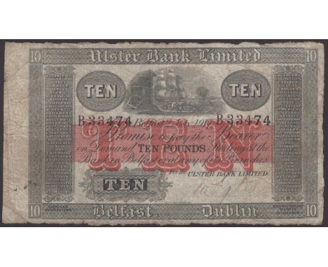 Ulster Bank Limited, £10, 2 July 1917, serial number B.33474, manuscript Patton signature, 76 branches issue, small hole at l