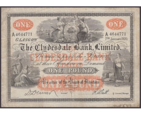 Clydesdale Bank Limited, £1, 7 January 1920, serial number A4644771, Dewar signature at left and an additional manuscript sig