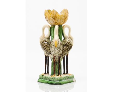 Candlestick - Flamingos and flowerIn glazed and polychrome terracottaManufacture of Caldas da RainhaPortugal, 20th centuryMar