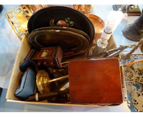 A mixed lot, to include: a brass table lamp, a oak cased perpetual calendar, a brass pan, fire tools and other items.