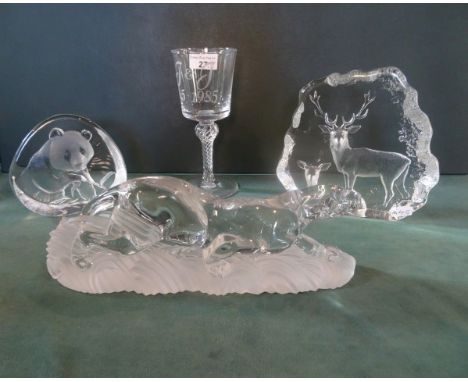 A Lenox glass model of a prowling big cat, together with two Scandinavian glass sculptures, each depicting animals, signed an