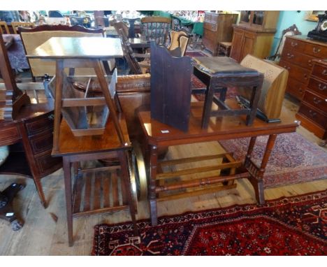 A mixed quantity of furniture, to include: a mahogany side table, a glazed corner cabinet, a two tier occasional table, an oa