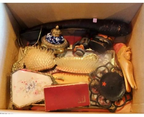 A mixed lot to include: a novelty wooden nut cracker, an Irish shillelagh and brass and porcelain inkwell, a glass and gilt f
