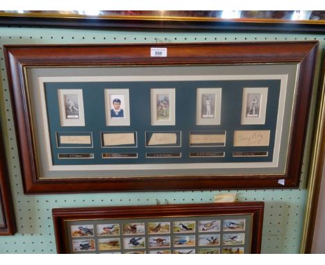 A framed presentation of five cricketing cigarette cards with tipped in signatures, to include: F. T. Mann, P. F. Warner, P. 