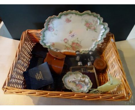 A mixed lot to include: a Limoges dish, opera glasses, coins, a hip flask, fruit knife and other items.