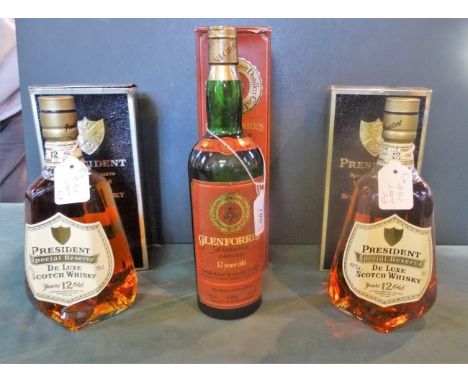 Two bottle of President Special Reserve De Luxe Scotch Whisky, aged 12 years, 75cl and a bottle of Glenforres Highland Malt S