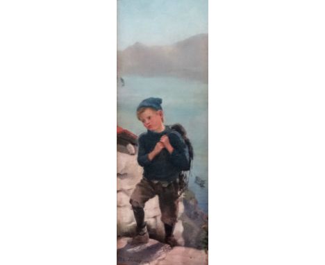 Isa Thompson (1851-1926), a young fisher boy climbing coastal steps, oil, signed to lower left corner (48cm x 16cm), glazed i