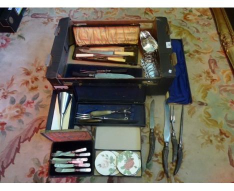 A mixed lot of silver plate, to include: a wine funnel, a bone handled carving set, toast rack,  mother of pearl handled frui