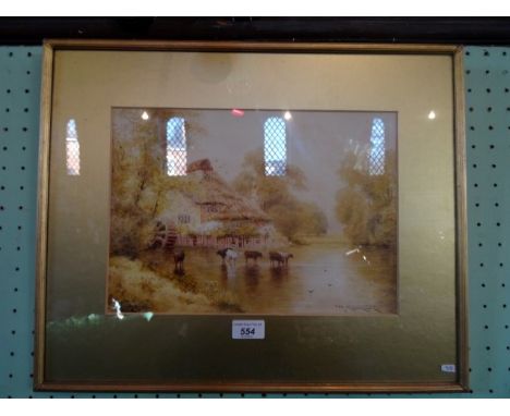 R. Thornton, cattle in a stream before a thatched cottage, watercolour (24cm x 34cm) glazed in a gilt frame
