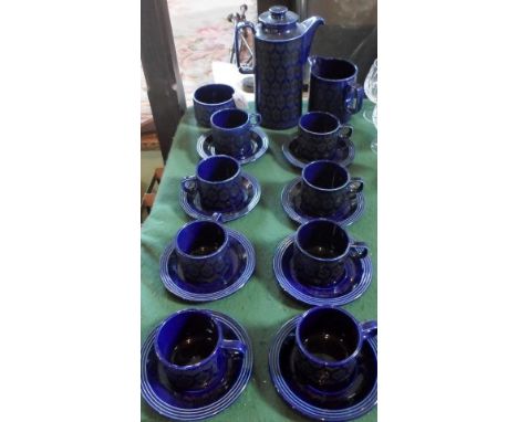 A Hornsea blue glazed coffee service, comprising: coffee pot, open sugar bowl and eight cups & saucers.