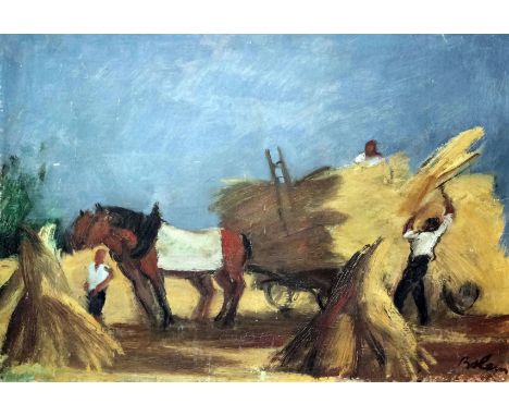 Ernest Bolens (1881-1959 - Swiss) - Oil sketch - Landscape with men loading a hay cart, board 13.5ins x 19.5ins, signed, unfr