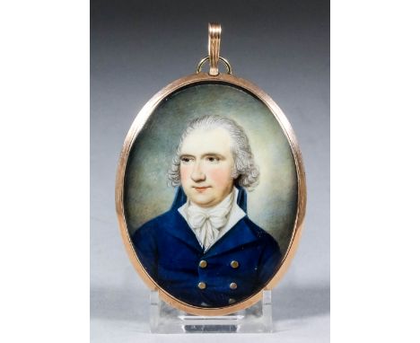 Late 18th/early 19th Century English school - Miniature shoulder length portrait of Richard Maxwell with grey hair and wearin