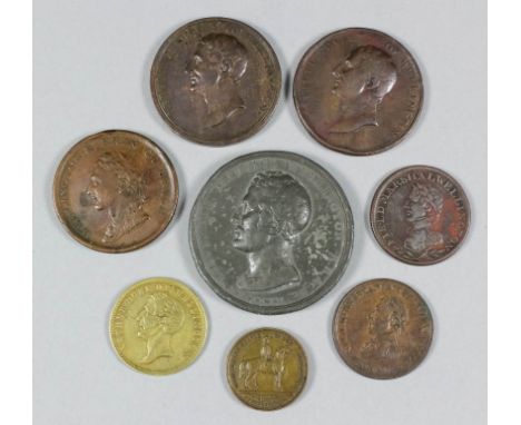 A small collection of medals and tokens of Wellington interest, including - a copper token, the obverse with portrait bust fa