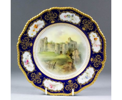 An early 20th Century Royal Worcester bone china comport, the centre painted by John Stinton with a view of Chepstow Castle, 