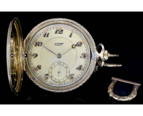 A 20th Century gentleman's 14ct gold full hunting cased keyless pocket watch by Tissot of Switzerland,  the cream dial with A