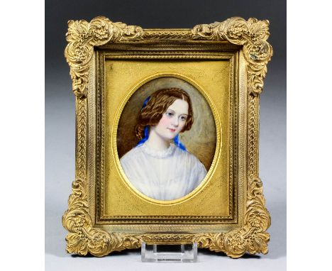 Isabel Blackmore (fl. circa 1836-1853) - Miniature shoulder length portrait of Mrs Fletcher C. Norton, her auburn hair tied w