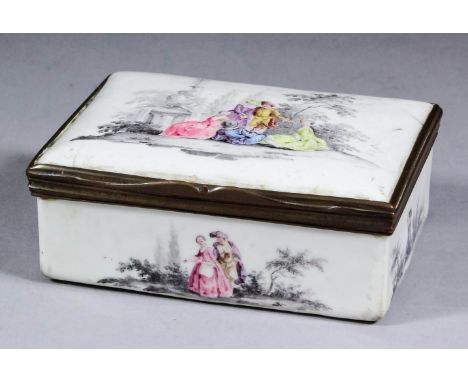 An 18th Century German gilt metal mounted enamel rectangular snuff box painted with Watteauesque scenes of figures in garden 