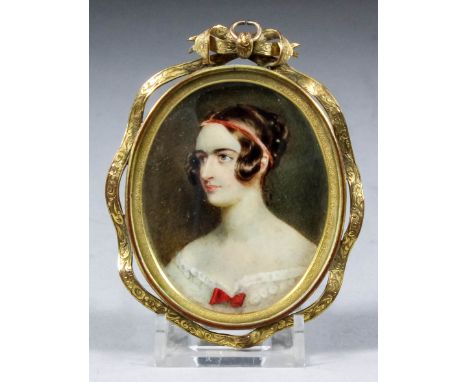 Attributed to William Charles Ross (1794-1860) - Miniature shoulder length portrait of Lady Emily Dundas wearing red ribbon i