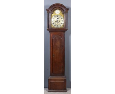 An 18th Century oak longcase clock by Morrison of Gosport, the 12ins arched brass silvered chapter ring with Roman and Arabic