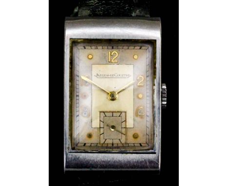 A gentleman's Jaeger LeCoultre stainless steel rectangular cased wristwatch, the gilt dial with raised Arabic numerals 2, 4, 