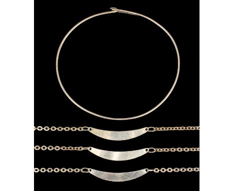 Three modern 18k gold 380mm fine chain necklaces with plain cresent pattern panel to centres (weight 13 grammes), and a moder