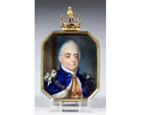 Early 19th Century English school - Miniature shoulder length portrait of William IV wearing the garter robes and gold chain,