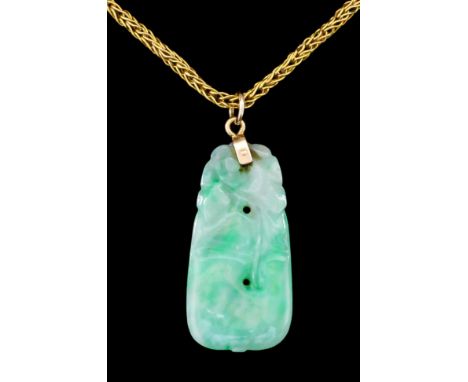 A carved jade pendant depicting a peach, 34mm x 16mm, on gold coloured metal rope twist, chain (tests high carat gold) fitted