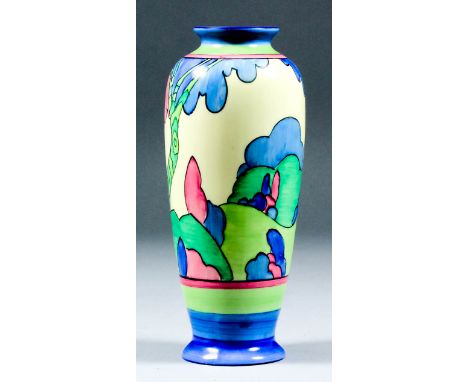 A Clarice Cliff "Bizarre" pottery vase (Shape No. 186) painted with "Rudyard" pattern, 7ins high,  Newport back stamp, circa 