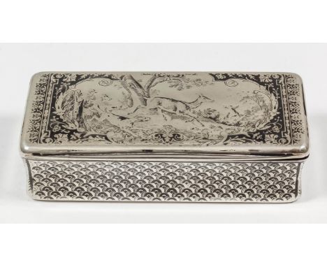 A 19th Century Russian silvery metal and niello work rectangular snuff box, the lid decorated with a stag hunting scene withi