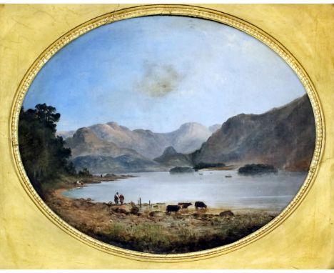 Attributed to Horatio McCulloch (1805-1867) - Oil painting - "Five Sisters of Kintail" - Cattle watering on a loch to foregro