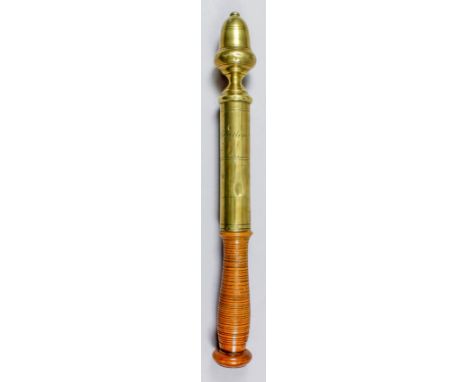 A Victorian seamed brass and turned wood truncheon, with acorn finial, the body engraved "Bourton", with reeded handle, 13ins