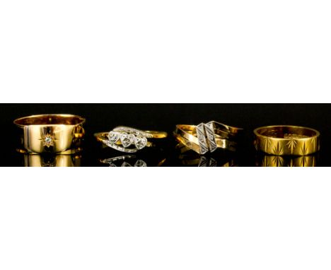 Two 18ct gold wedding bands (size K and Q) and two 18ct gold mounted and diamond set rings (size P and O - gross weight 10.4 