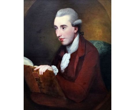 Late 18th Century British school - Oil painting - Half length portrait of a gentleman with a book, relined canvas 30ins x 25i