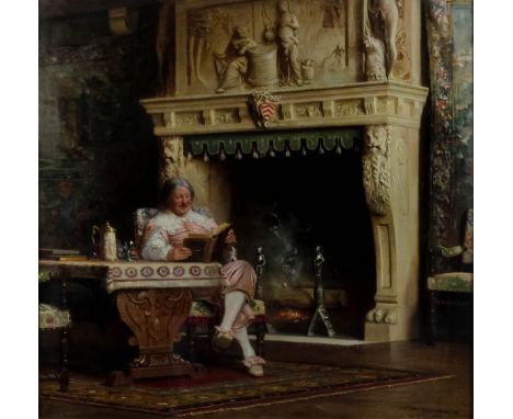 Alfred Holst Tourrier (1836-1892) - Oil painting - Interior of a 17th Century home, with a gentleman seated at a table readin