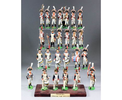 Eleven painted lead scratch-built model figures of a French Napoleonic war "Striking the Colours" group, and fifteen figures 
